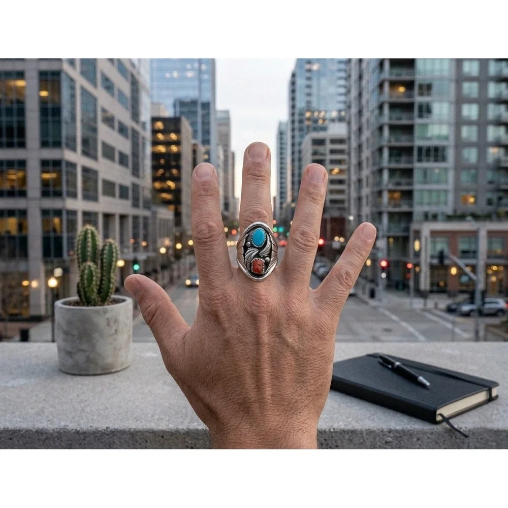 Navajo Men's Ring Sterling Turquoise Coral by J. Begay 9.75 Southwest Artisan***